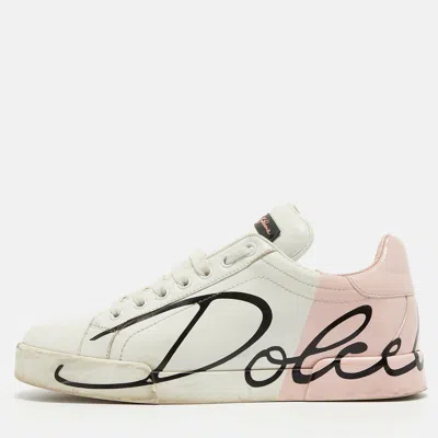 Pre-owned Dolce & Gabbana White/pink Leather And Patent Portofino Sneakers Size 38