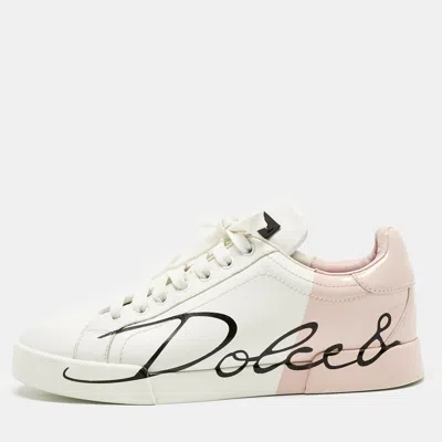 Pre-owned Dolce & Gabbana White/pink Leather Portofino Lace Up Sneakers Size 39.5