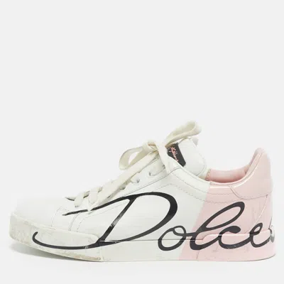 Pre-owned Dolce & Gabbana White/pink Leather Portofino Low Top Sneakers Size 37