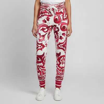 Pre-owned Dolce & Gabbana White/pink Majolica Print Crepe Logo Tape Joggers Xs