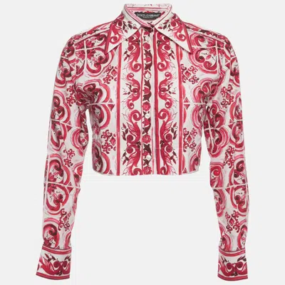 Pre-owned Dolce & Gabbana White/pink Majolica Print Poplin Cropped Shirt S