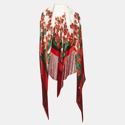 Pre-owned Dolce & Gabbana White/red Floral Print Silk Fringed Triangle Shawl