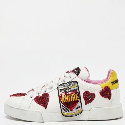 Pre-owned Dolce & Gabbana White/red Leather Amore Heart Embroidered Low Top Trainers Size 38.5