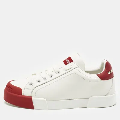 Pre-owned Dolce & Gabbana White/red Leather And Rubber Toe Portofino Low Top Sneakers Size 39