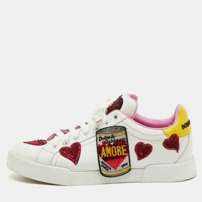 Pre-owned Dolce & Gabbana White/yellow Leather Amore Heart Embroidered Low Top Sneakers Size 41