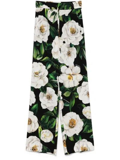 Dolce & Gabbana Wide-leg Floral Print Trousers With Elastic Waistband In Green