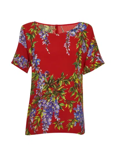 Pre-owned Dolce & Gabbana Wisteria Floral-print Top In Red