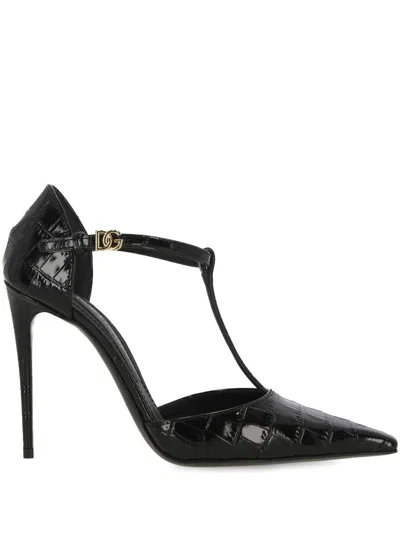 Dolce & Gabbana Croco T-strap Stiletto Pumps In Black