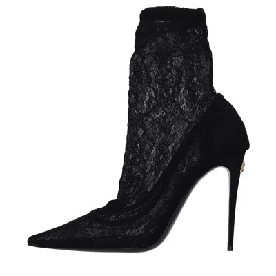 Dolce & Gabbana Lace Ankle Boot In Nero Scuri