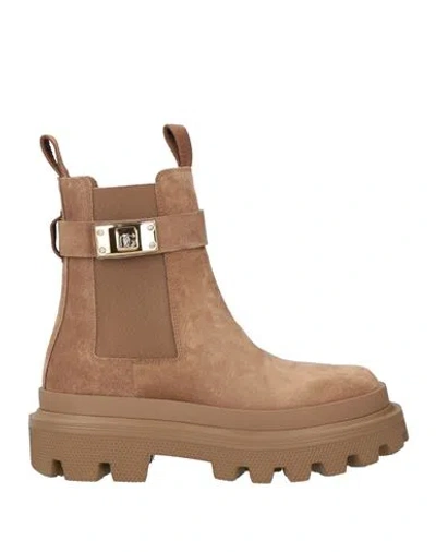 Dolce & Gabbana Woman Ankle Boots Light Brown Size 6.5 Calfskin, Viscose, Polyester, Elastane