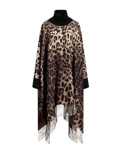 Dolce & Gabbana Animal Patterned Wool Blend Cloak With Cuffs In Brown