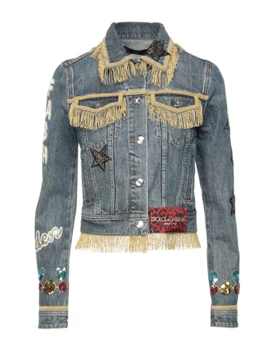 Dolce & Gabbana Cropped Embellished Denim Jacket In Blue