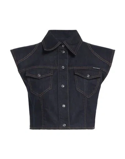 Dolce & Gabbana Woman Denim Shirt Blue Size 12 Cotton, Elastane, Calfskin In Black