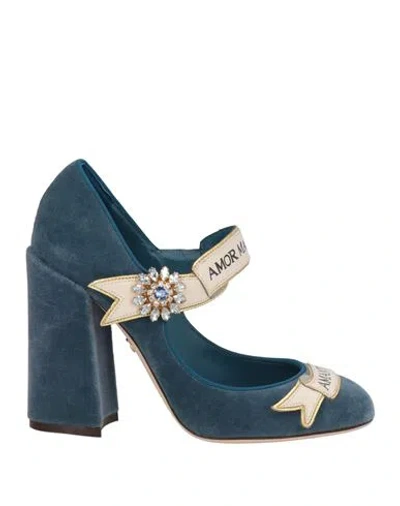 Dolce & Gabbana Woman Pumps Slate Blue Size 7 Synthetic Fibers, Cotton, Silk, Calfskin, Lambskin