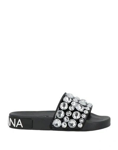 Dolce & Gabbana Woman Sandals Black Size 4 Calfskin, Polyurethane, Polyester, Cotton