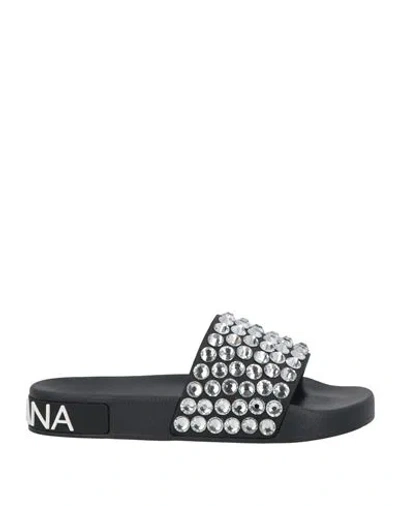 Dolce & Gabbana Crystal-embellished Leather Slides In Black