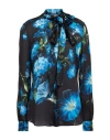 Dolce & Gabbana Satin Bluebell Print Blouse With Tie Neck In Black