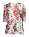 Dolce & Gabbana White Peony Lace Short Sleeves Blouse Top In Pink