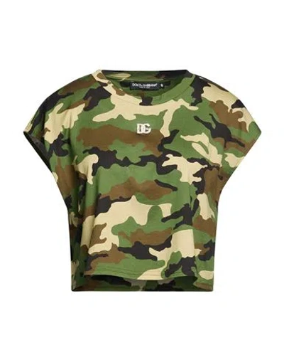 Dolce & Gabbana Woman T-shirt Military Green Size 10 Cotton In Animal Print
