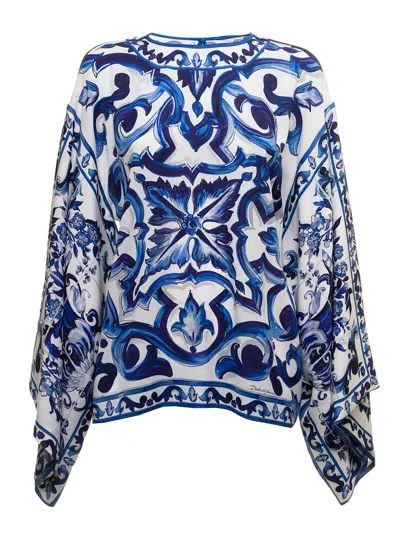 Dolce & Gabbana Womans Maiolica Printed Silk Shirt Blouse In Tn Blu/bco