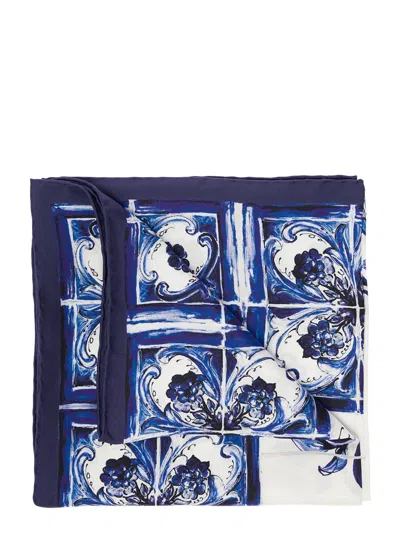 Dolce & Gabbana Womans White And Blue Silk Maiolica Printed Scarf