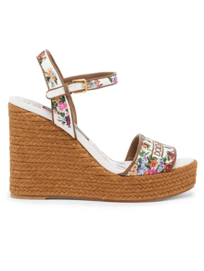 Dolce & Gabbana Leather-trimmed Embroidered Canvas Platform Wedge Sandals In Brown