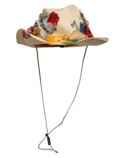 Pre-owned Dolce & Gabbana Women Beige Floral Apllique Straw Bucket Women's Hat ()