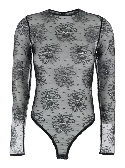 Dolce & Gabbana Women Black Bodysuit With All-over Floral Embroidery And Semi-sheer Design In Stretc