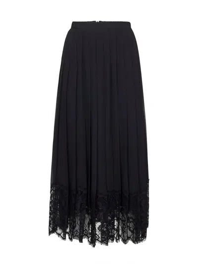 DOLCE & GABBANA DOLCE & GABBANA WOMEN BLACK CHIFFON AND LACE PLEATED MIDI SKIRT