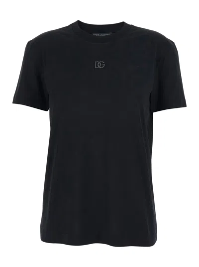 Dolce & Gabbana Women Black Crewneck T-shirt With Logo Embroidery With Beads On The Front In Cotton