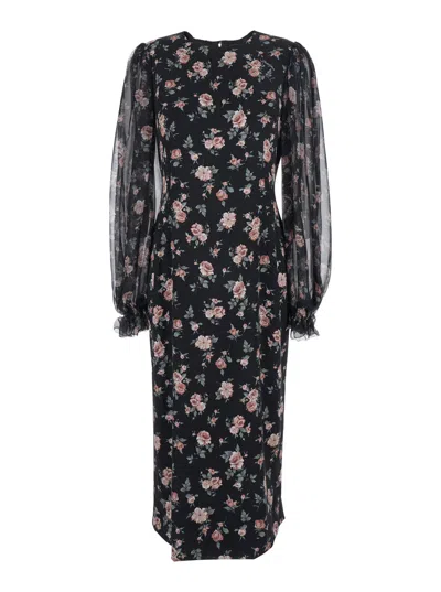 Dolce & Gabbana Women Black Dress With Round Neckline And All-over Floral Motif In Silk Blend Woman