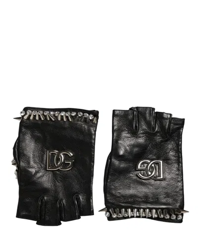 Dolce & Gabbana Women Black Embellished Wrist Length Mitten Gloves