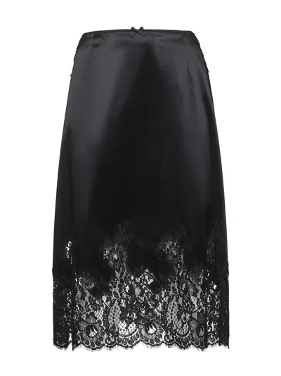 DOLCE & GABBANA DOLCE & GABBANA WOMEN BLACK SATIN AND LACE MID CALF-LENGHT SKIRT