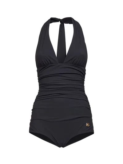 DOLCE & GABBANA DOLCE & GABBANA WOMEN BLACK SENSITIVE FABRIC DRAPED ONE-PIECE SWIMSUIT
