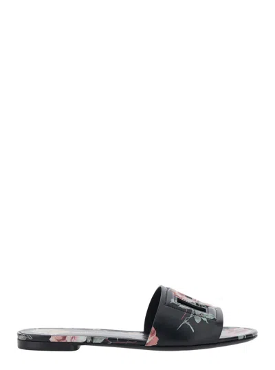 Dolce & Gabbana Women Black Slide Sandals With Cut Out Logo And Floral Motif In Leather Woman