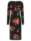 Dolce & Gabbana Rose-print Satin Long-sleeve Midi Dress In Black