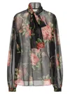 Dolce & Gabbana Rose Bouquet-print Silk Chiffon Neck-tie Blouse In Black