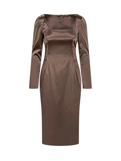 Dolce & Gabbana Brown Square Neck Midi Dress In Gray