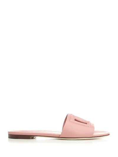 Dolce & Gabbana Women Pink Slide Sandals With Cut Out Logo In Leather Woman