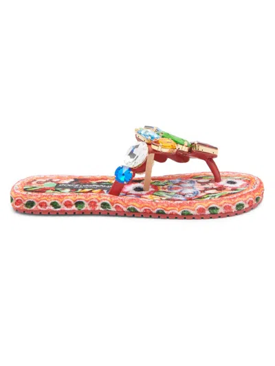 Dolce & Gabbana Carretto Embellished Leather Thong Sandals In Multi