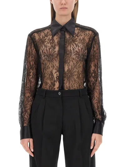 Dolce & Gabbana Chantilly Lace Satin Trim Button Down Shirt In Black