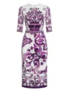 Dolce & Gabbana Violet Crewneck Dress With Rear Zip Closure And All-over Floral Print In Silk Stretch Woman