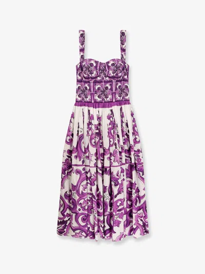 Dolce & Gabbana Women Cotton Midi Dress With Maiolica Print In Purple