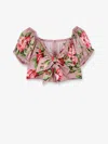 Dolce & Gabbana Women Pink Crop Top With Floral Print And Double Knot In Cotton Woman In Multi