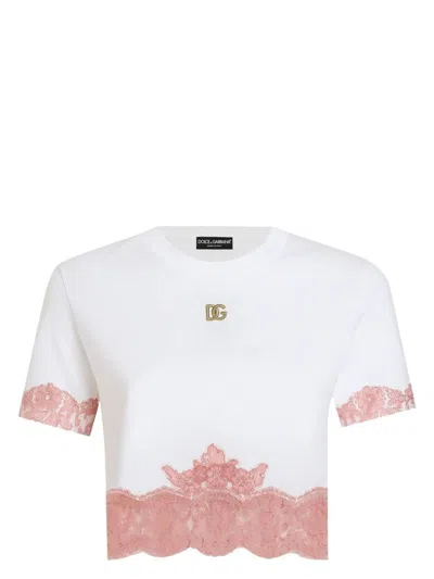 DOLCE & GABBANA WOMEN'S CROPPED JERSEY T-SHIRT WITH DG LOGO AND LACE INSERTS
