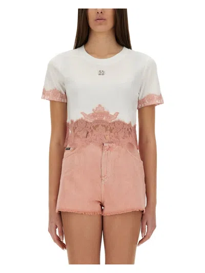 DOLCE & GABBANA WOMEN'S CROPPED JERSEY TSHIRT WITH LACE INSERTS