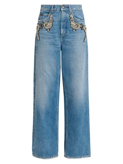 Dolce & Gabbana Women's Crystal-embellished High-rise Wide-leg Jeans In Blue