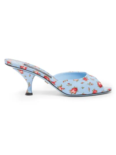 Dolce & Gabbana Keira Satin Mules With Little Roses Print In Blue