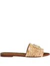 Dolce & Gabbana Women Beige Sandals With Fringed Details And Logo Plaque On The Front In Raffia Woma In Brown