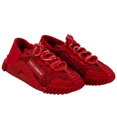 Pre-owned Dolce & Gabbana Women Dg Logo Taormina Lace Sneaker Shoes Ns1 Red
